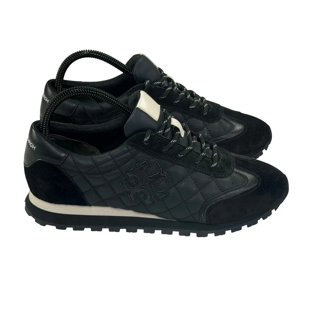 Tory Burch Vintage Quilted Sneaker Womens 8 Black Leather Suede Designer Luxury